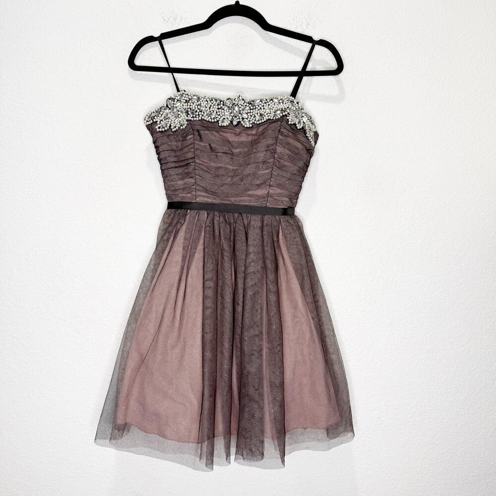 Y2K Strapless Beaded Dress Dark Fairy Tulle Mesh Overlay Whimsigoth - Picture 2 of 11